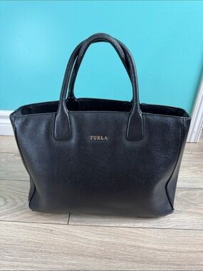 Furla Black Leather Tote with Gold Logo